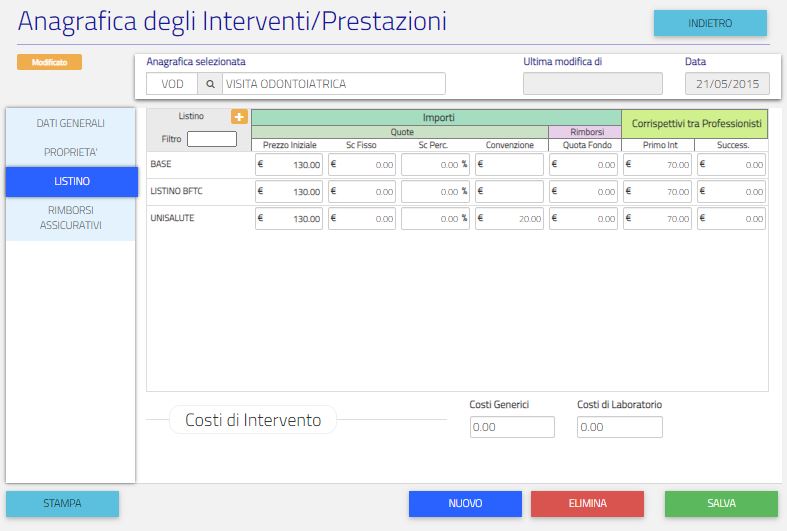 Anagrafica degli interventi - Dettaglio della gestione dei Listini con Rapporto tra Professionisti